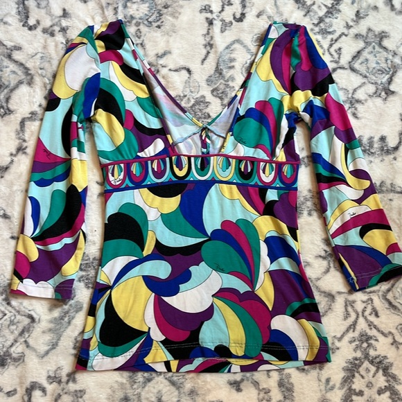 Emilio Pucci Plunge V-Neck 3/4 Length Sleeve Multi-Colored Marmo Print Top XS - Picture 7 of 12